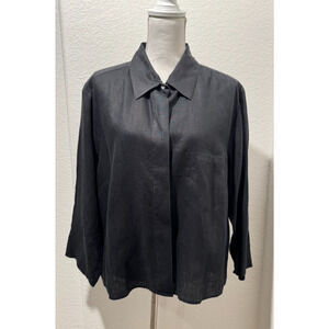 Isabella Bird Linen Collared Black Shirt Boxy Women's L/XL? Chest 52" 3/4 Sleeve